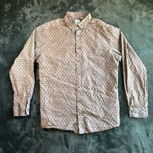 ROWM Mens‎ Extra Tall Button Down Shirt Brown Geometric Print Long Sleeve